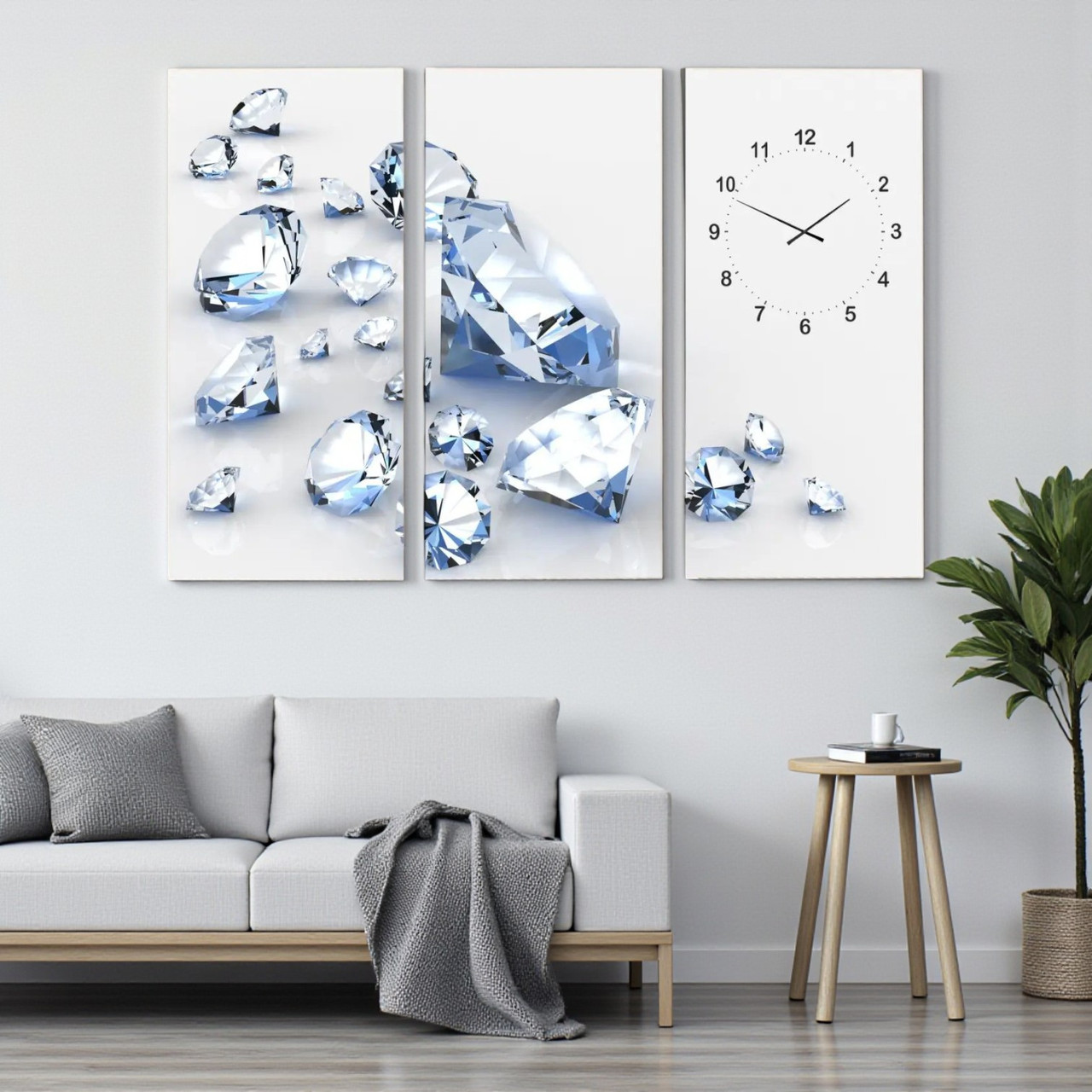 Картина-годинник «Діаманти» Cтильний триптих із годинниковим механізмом Cучасний настінний декор у світлих тонах, фото 1