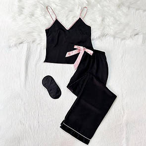 Піжамний набір Diana жіночий атласний комплект штани майка та маска колір чорний з рожевими елементами S