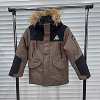 Дитяча тепла зимова коричнева куртка 128, 134, 140 см на холофайбері з натуральною облямівкою непромокальна парка для хлопчика