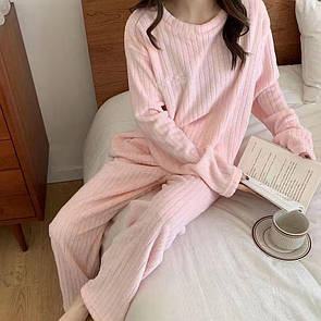 Піжама в рубчик комплект брюки кофта тепла м`яка оверсайз на зріст до 166см рожевий