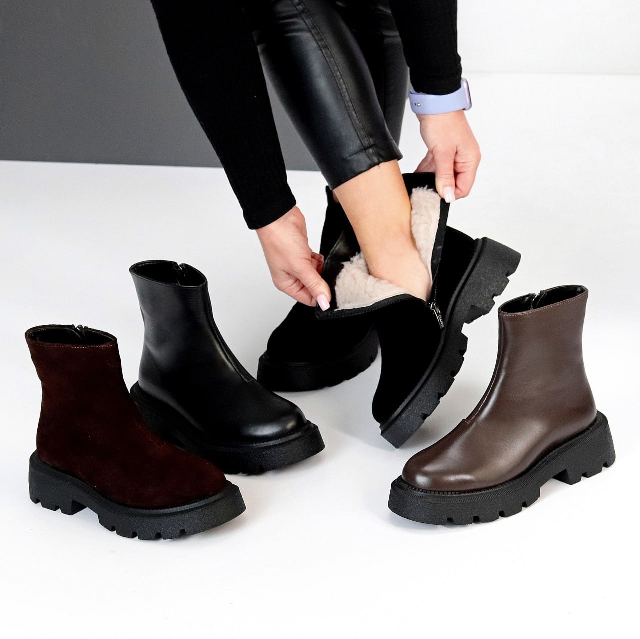 Жіночі зимові коричневі черевики, жіночі шкіряні челсі, жіночі зимові черевики, натуральні жіночі черевики, фото 1