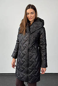 Куртка жіноча демісезонна стьобана подовжена з капюшоном чорна 3773-01