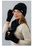 Шапка жіноча + мітенки + шарф комплект чорний