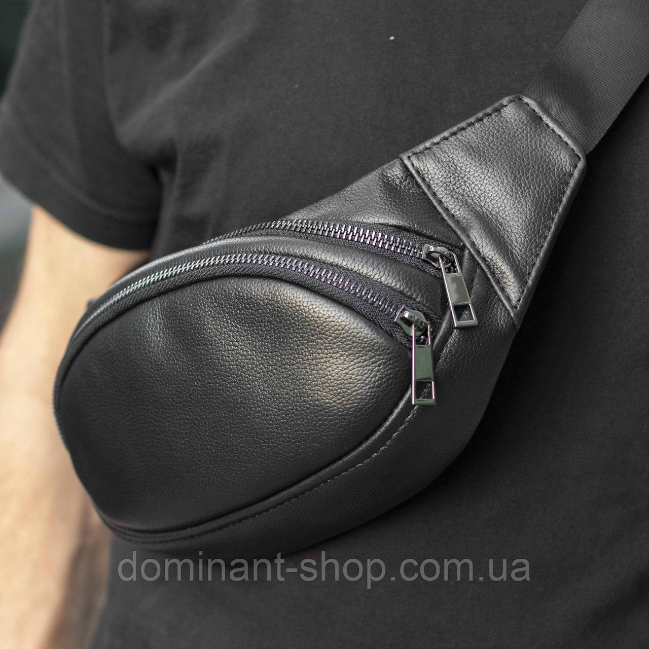 Сумка поясна (бананка) Body Black унісекс, натуральна шкіра Флотар, чорна, 3 відділення, фото 1