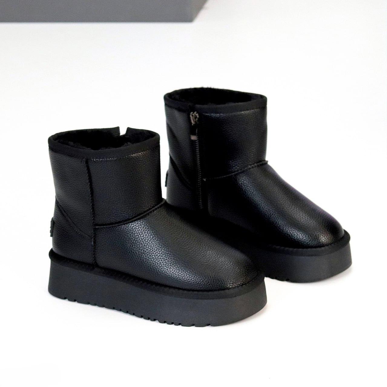 Зимові жіночі уггі на блискавці шкіряні короткі молодіжні чорні натуральна шкіра, фото 1