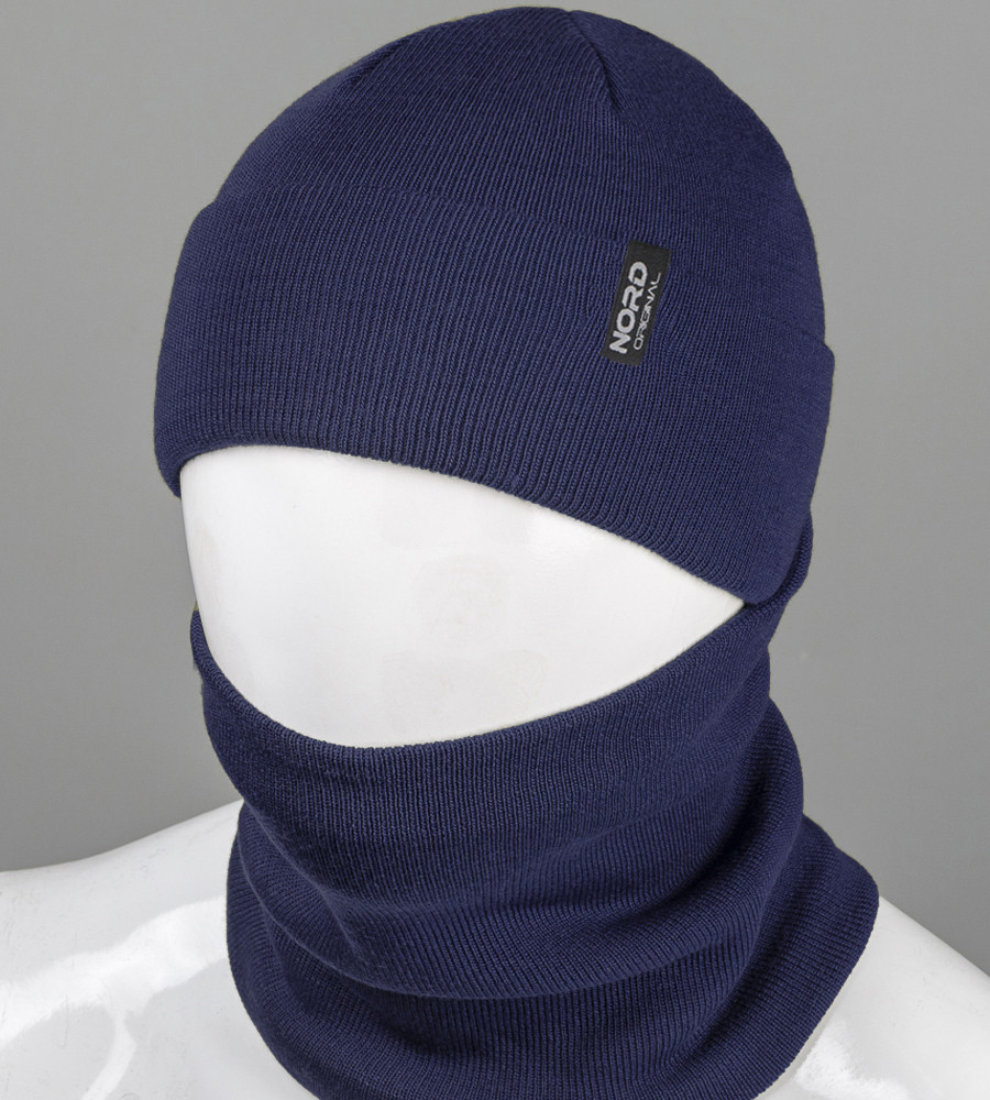 В'язаний комплект Шапка + Баф Nord, Т.Синій, фото 1