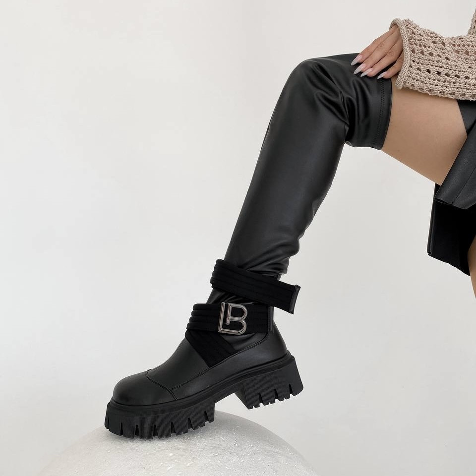 Жіночі зимові ботфорти, стильні чорні ботфорти, Чорні зимові ботфорти, фото 1