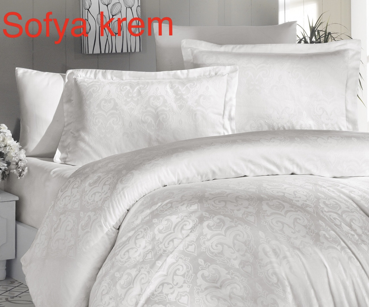 Постільна білизна First Choice сатин жакард полуторний розмір Sofya krem, фото 1