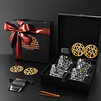 Подарунковий набір для віскі з камінням у дерев'яній коробці 4 кришталеві склянки BOHEMIA 350 мл