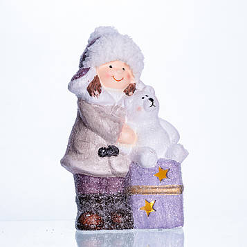 Новорічна фігурка з підсвіткою Дівчинка з ведмежам із фарфору 12×7×20 (см) новорічний декор для дому, квартири на подарунок CR-5-5