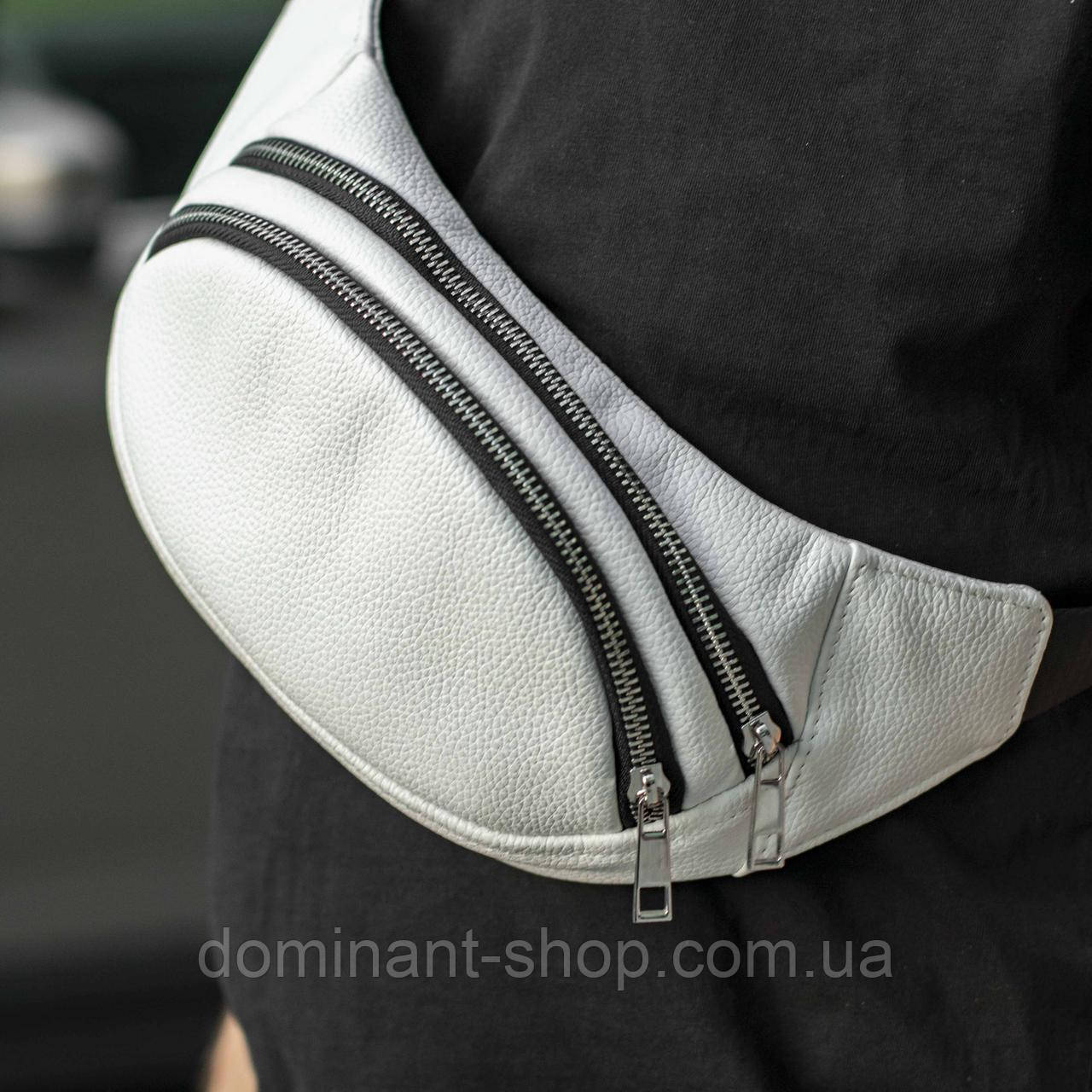 Сумка поясна (бананка) Body White унісекс, натуральна шкіра Флотар, біла, 3 відділення, фото 1