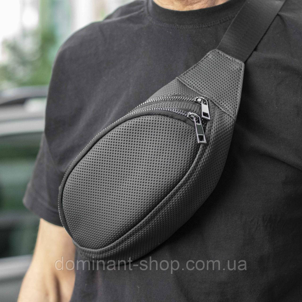 Сумка поясна (бананка) Body PERF Black унісекс, натуральна перфорована шкіра, чорна, 3 відділення, фото 1