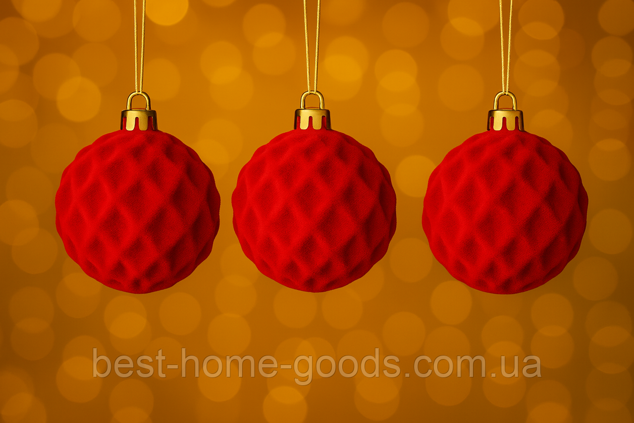 Ялинкові кульки Колючка світло-червоні оксамитові | набір 6 шт | діаметр 8 см | новорічні іграшки | 8 різновидів кольору, фото 1