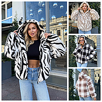 Жіноча куртка-сорочка тепла в клітинку з капюшоном хутро teddy синтепон 42-52