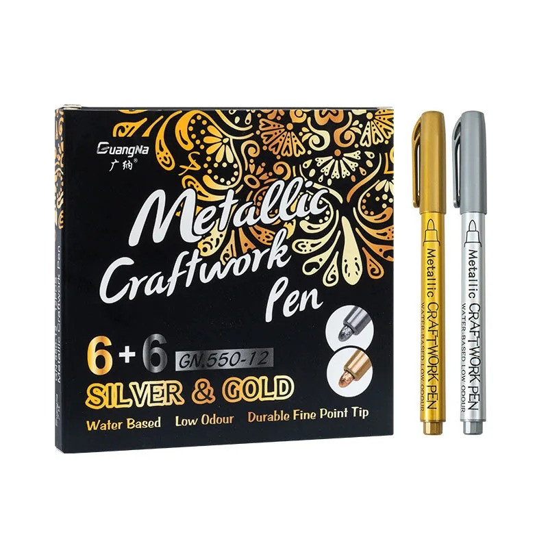 Набір маркерів металік на водній основі Metallic Craftwork Pen 12шт для малювання та творчості, 6 золотистих + 6 сріблястих, фото 1