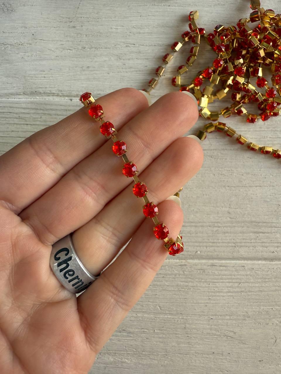 Стразовий ланцюжок 4 мм , червоний 1,95 метр, фото 1