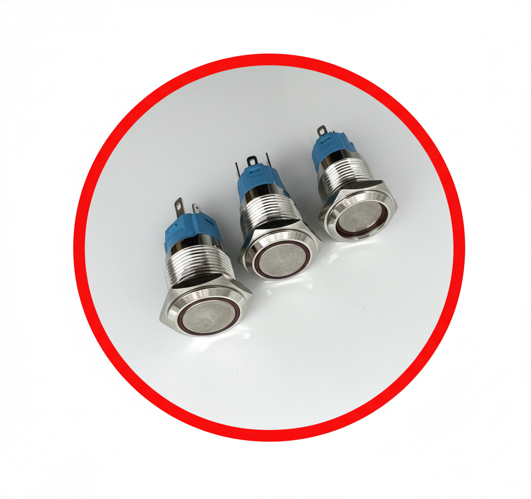 Кнопка антивандальна 19 мм 12-24в 5pin зворотна без фіксації з підсвіткою червоний LED, Кнопки металеві, фото 1