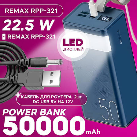 Повербанк для роутера REMAX RPP-321 на 50000 mAh зі швидким заряджанням powerbank + usb шнур для вайфай роутера 5В на 12В — Синій, фото 1