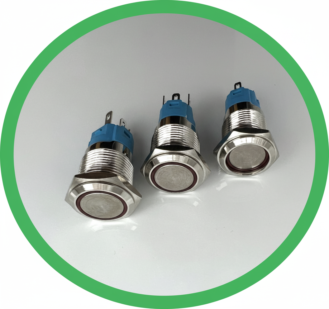 Кнопка антивандальна 19 мм 12-24в 5pin зворотна без фіксації з підсвіткою зелений LED, Кнопки металеві, фото 1