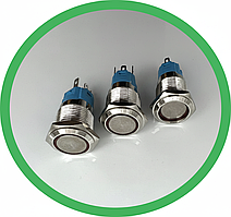 Кнопка антивандальна 19 мм 12-24в 5pin зворотна без фіксації з підсвіткою зелений LED, Кнопки металеві