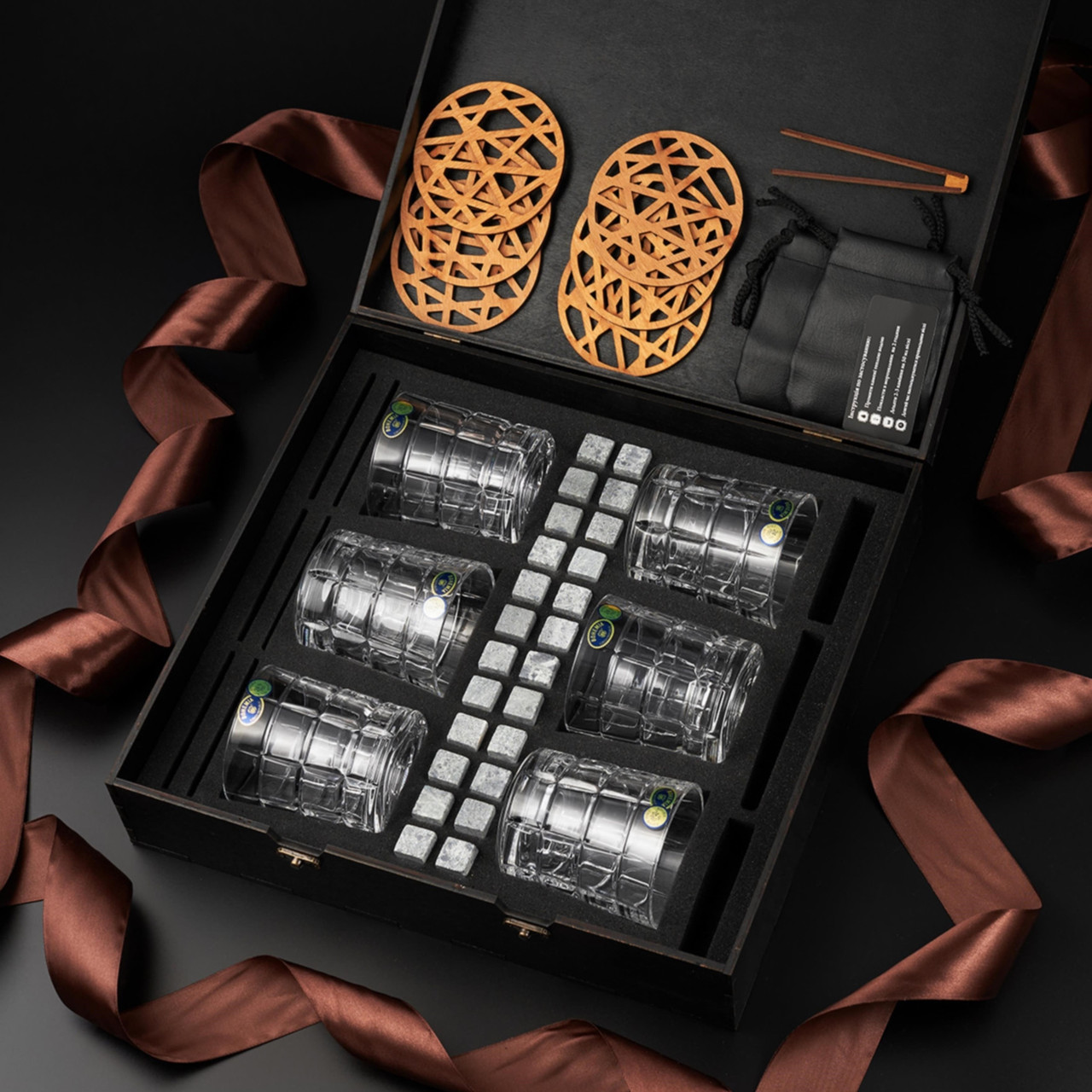 Подарунковий набір 6 кришталевих склянок для віскі зі стеатитовими охолоджувальними каменями для ідеального подарунка чоловікові, фото 1