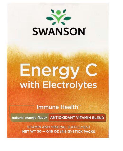 Вітамін С з електролітами  апельсиновий смак  , Swanson, 30 упаковок-стіків по 4,6 г (0,16 унції)