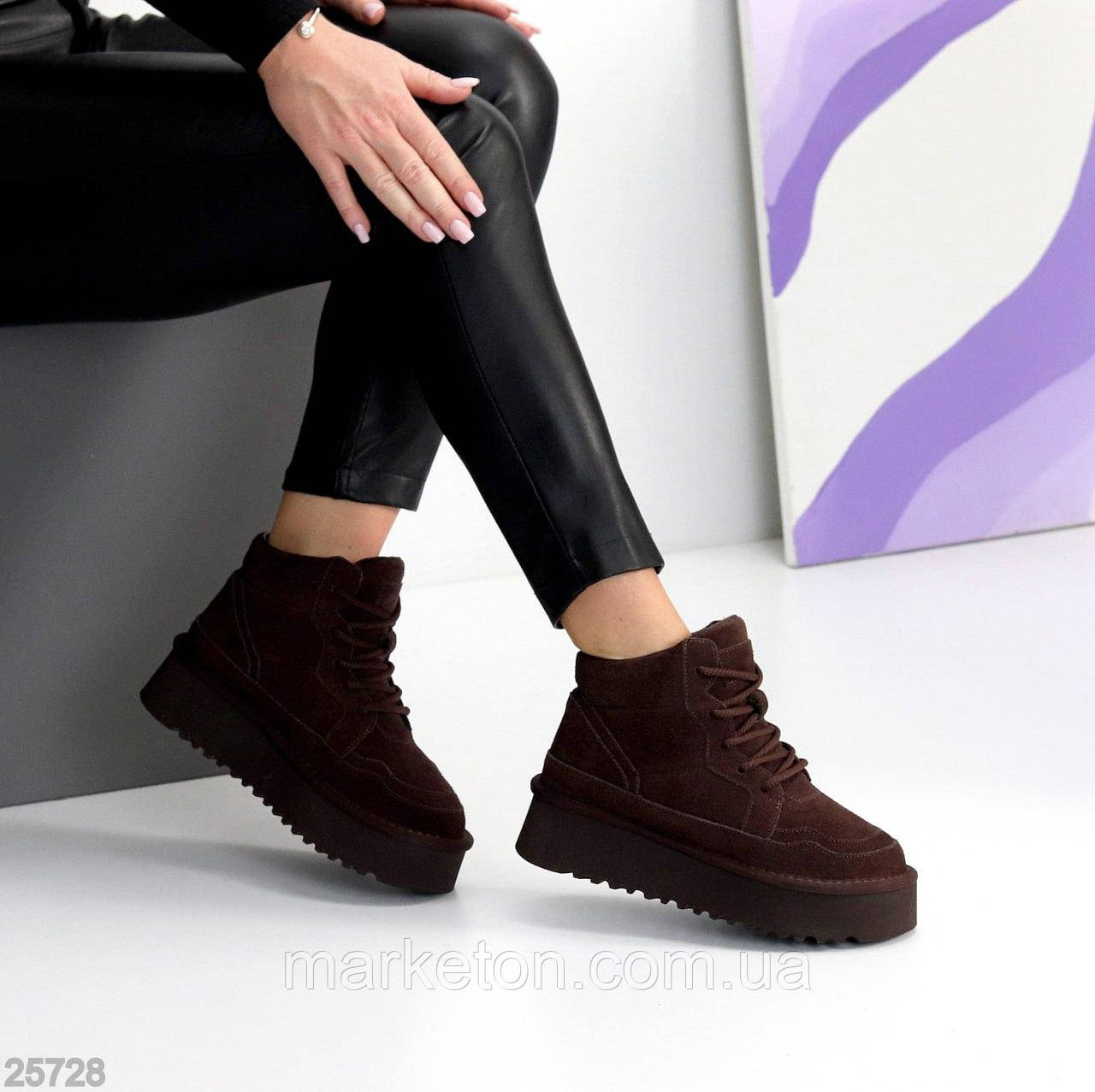 Жіночі стильні замшеві уги на шнурівці Коричневі "Leron"