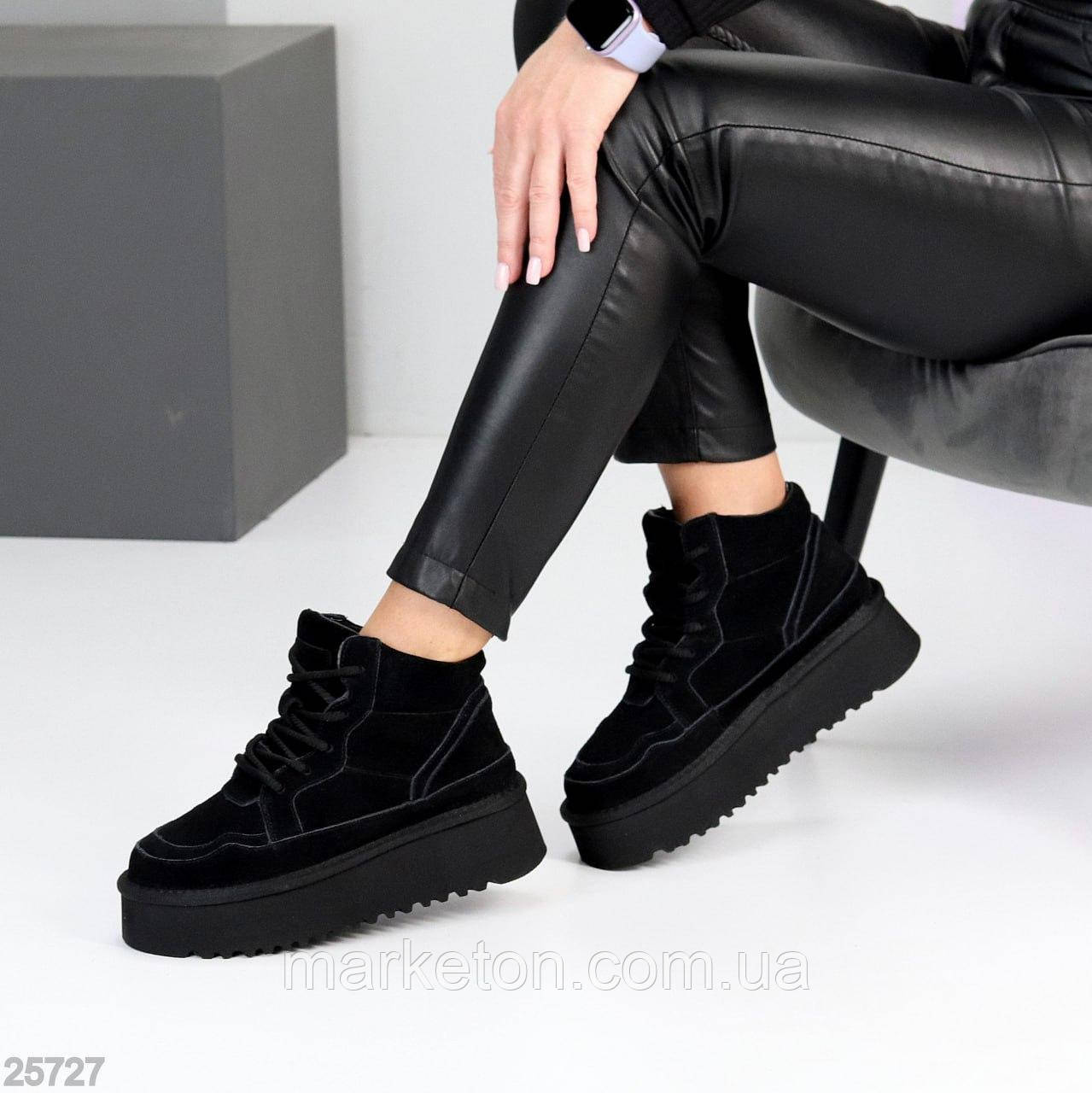 Жіночі стильні замшеві уги на шнурівці Чорні "Leron"