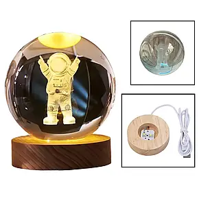 Нічник у 3D у формі Астронавт, Декоративний 3D-нічник кришталева куля "Астронавт" з підсвіткою, фото 3