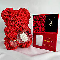 Подарочный набор девушке женщине, мишка из роз оригинальный подарок на день рождения день влюбленных, кулон с проекцией