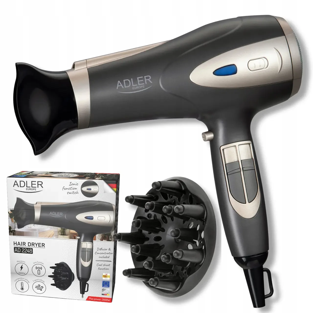 Білий фен Adler AD 2248 2200W ION grey, фото 1