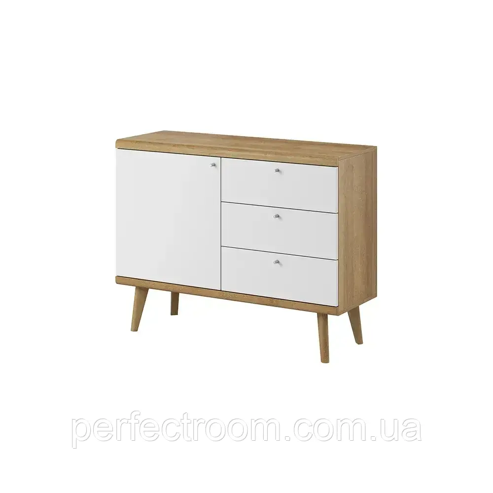 Комод однодверний з шухлядами на ніжках у вітальню Primo PKSZ107 Дуб Рів'єра/Білий Meble Piaski