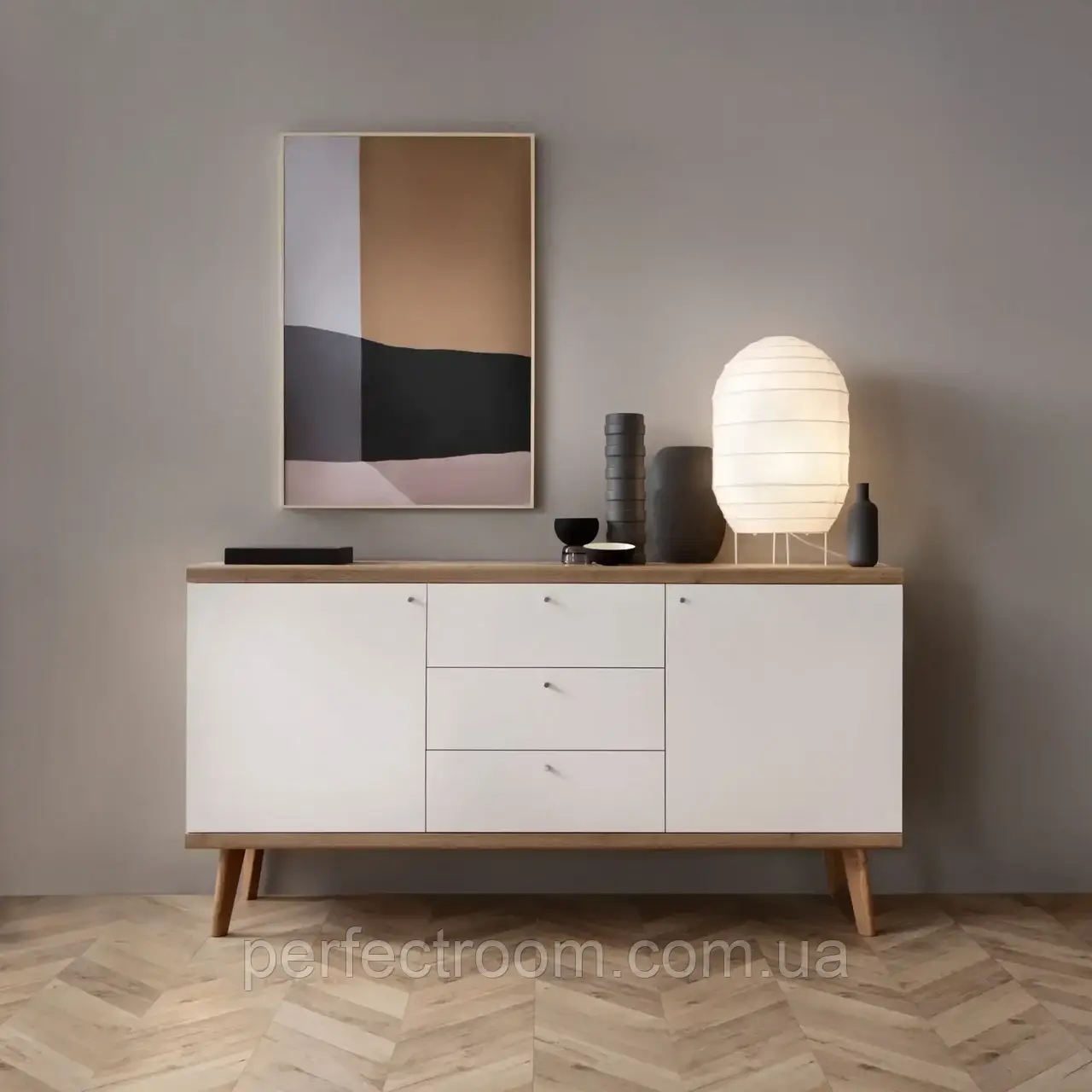 Комод дводверний з шухлядами на ніжках у вітальню Primo PKSZ160 Дуб Рів'єра/Білий Meble Piaski, фото 1