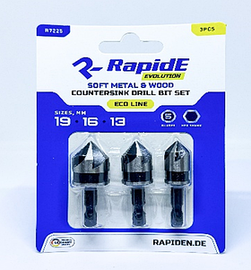 Набір зенківок RapidE ECO LINE для мʼякого металу та дерева 3шт(13mm,16mm,19mm) на 5 різців