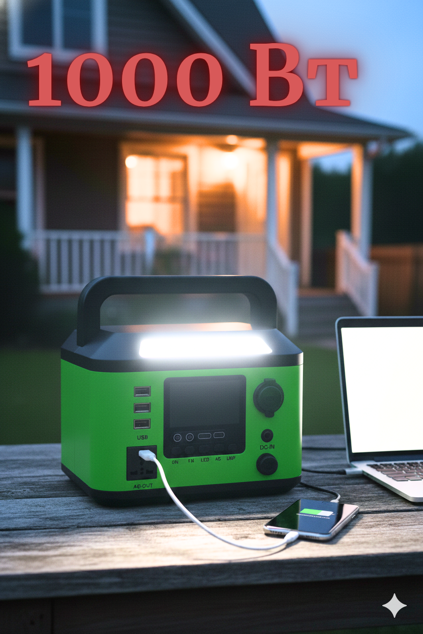 Портативна станція заряджання для дому електростанція 1000W, 220V Універсальна автономна зарядна станція, батарея 500Wh + ліхтар, фото 1