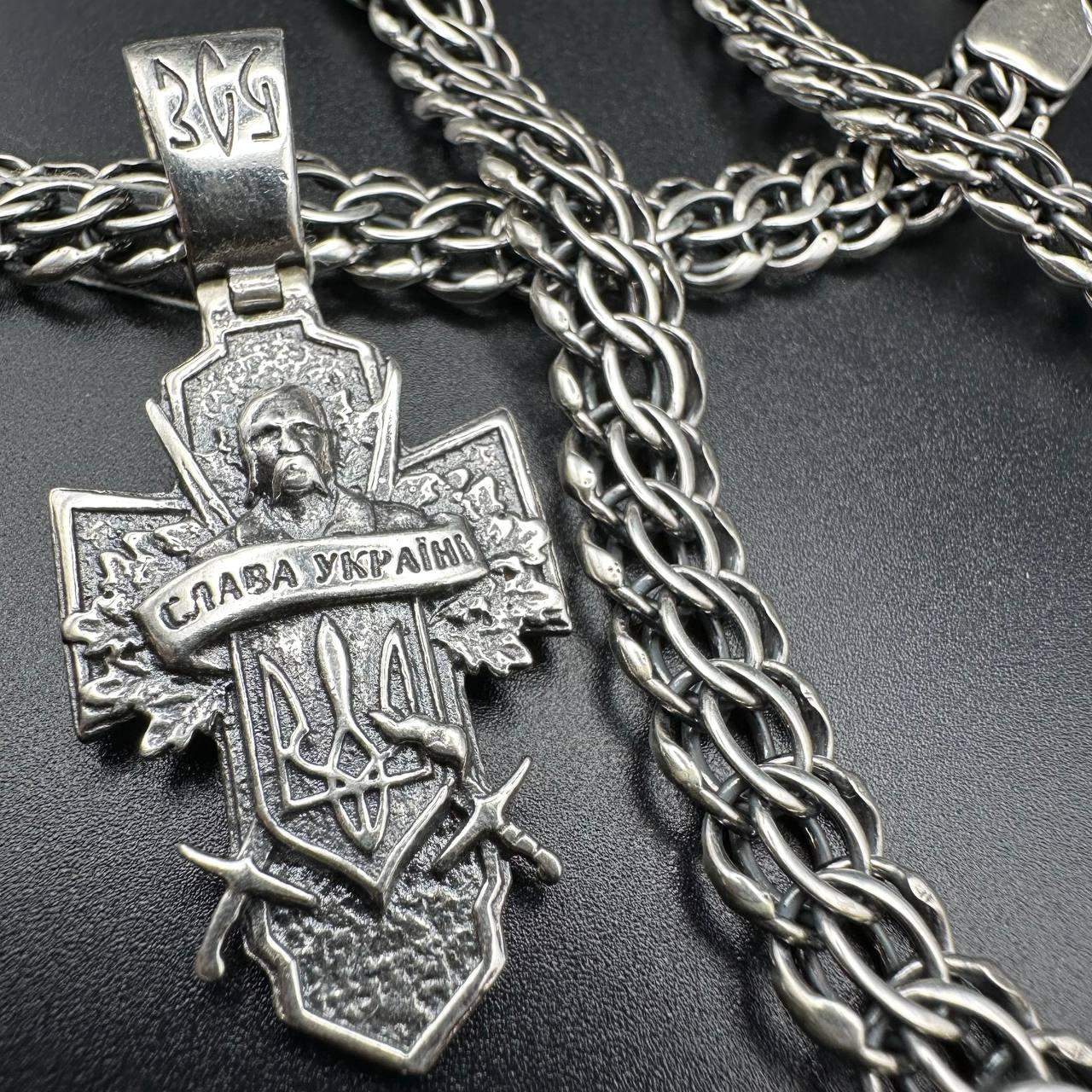 Чоловічий патріотичний комплект кулон ЗСУ Козак Характерник та ланцюжок Венеція 9 мм 925 проба з чорнінням, фото 1