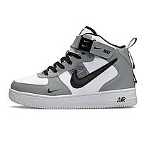 Чоловічі зимові кросівки Nike Air Force 1 LV8 High Gray White Winter Fur Найк Форс високі сірі білі шкіра хутро, фото 2