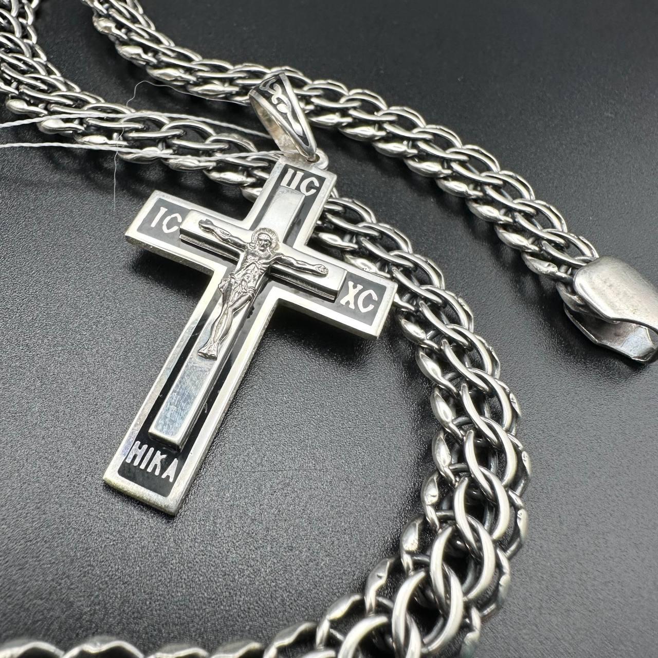 Комплект із прямим православним хрестом з емаллю та ланцюжком Пітон 925 проба, фото 1