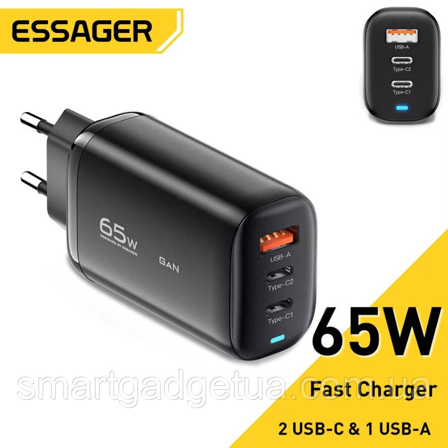 Мережевий зарядний пристрій Essager 65W GaN PD QC3.0 / USB + Type C/ швидка зарядка / Black, фото 1