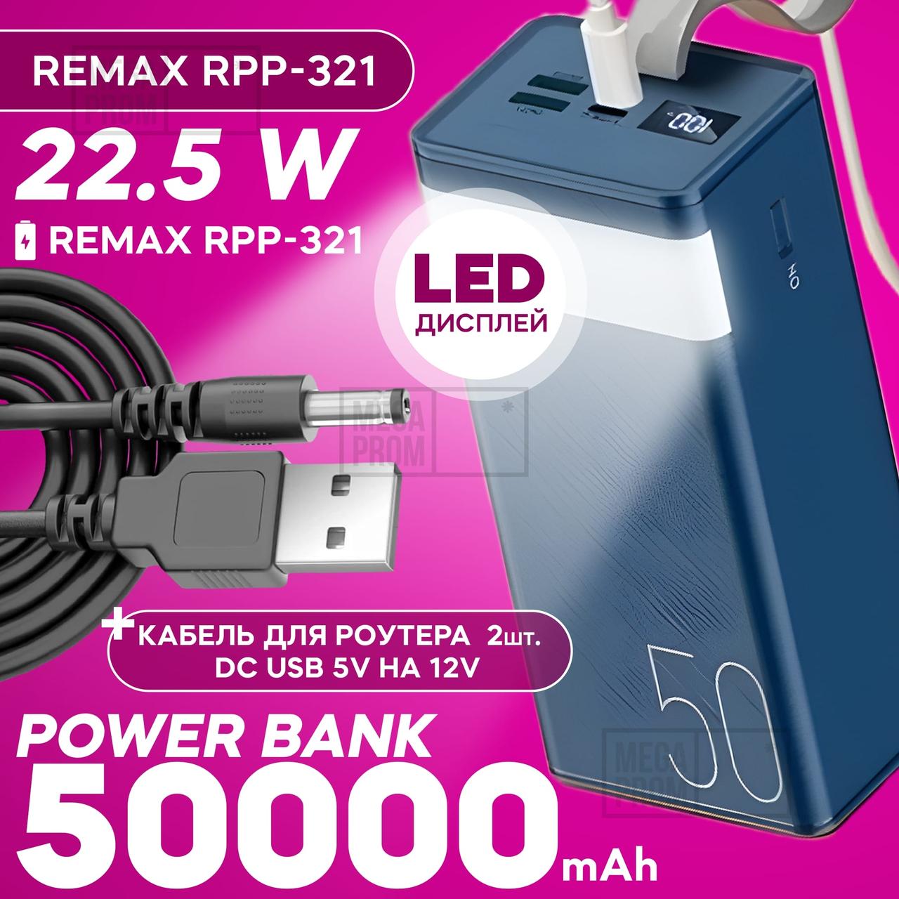 Повербанк для роутера REMAX RPP-321 на 50000 mAh зі швидким заряджанням powerbank + usb шнур для вайфай роутера 5В на 12В — Синій, фото 1