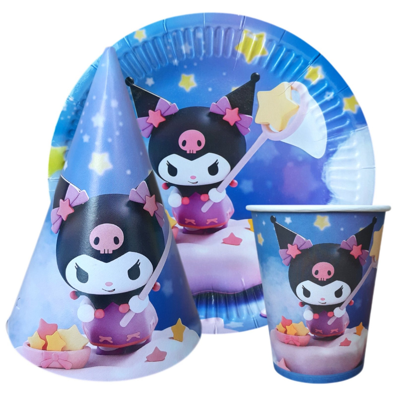 Набір тематичной посуди "Куромi Зiрки". Тарілки: 10шт. Стаканов: 10шт. Ковпаків: 10шт.