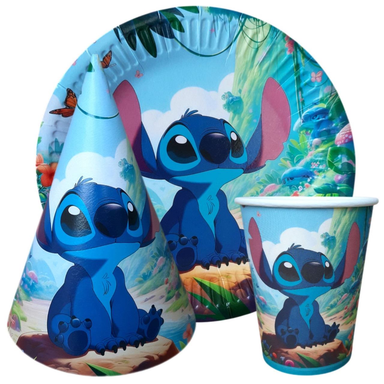 Набір тематичной посуди "Стiч". Тарілки: 10шт. Стаканов: 10шт. Ковпаків: 10шт.