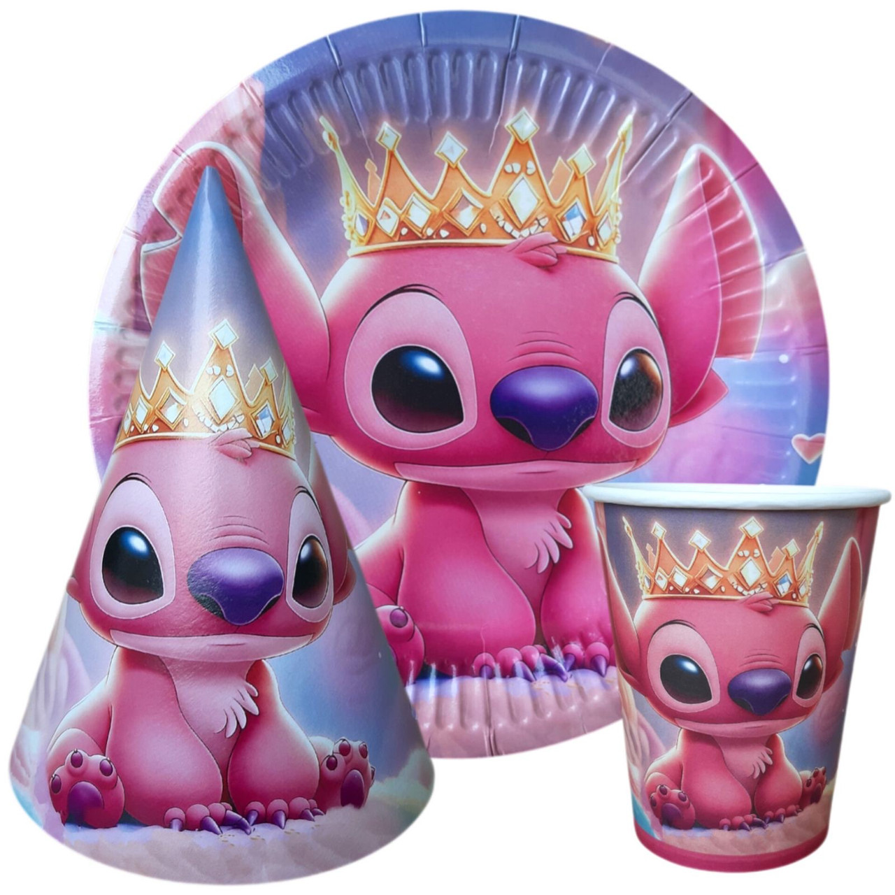 Набір тематичной посуди "Стiч дiвчина". Тарілки: 10шт. Стаканов: 10шт. Ковпаків: 10шт.