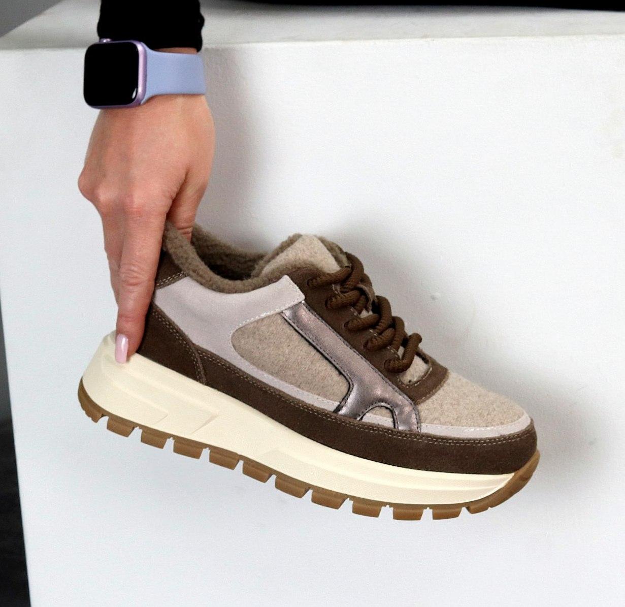 Жіночі зимові кросівки на хутрі коричневі натуральна замша+войлок