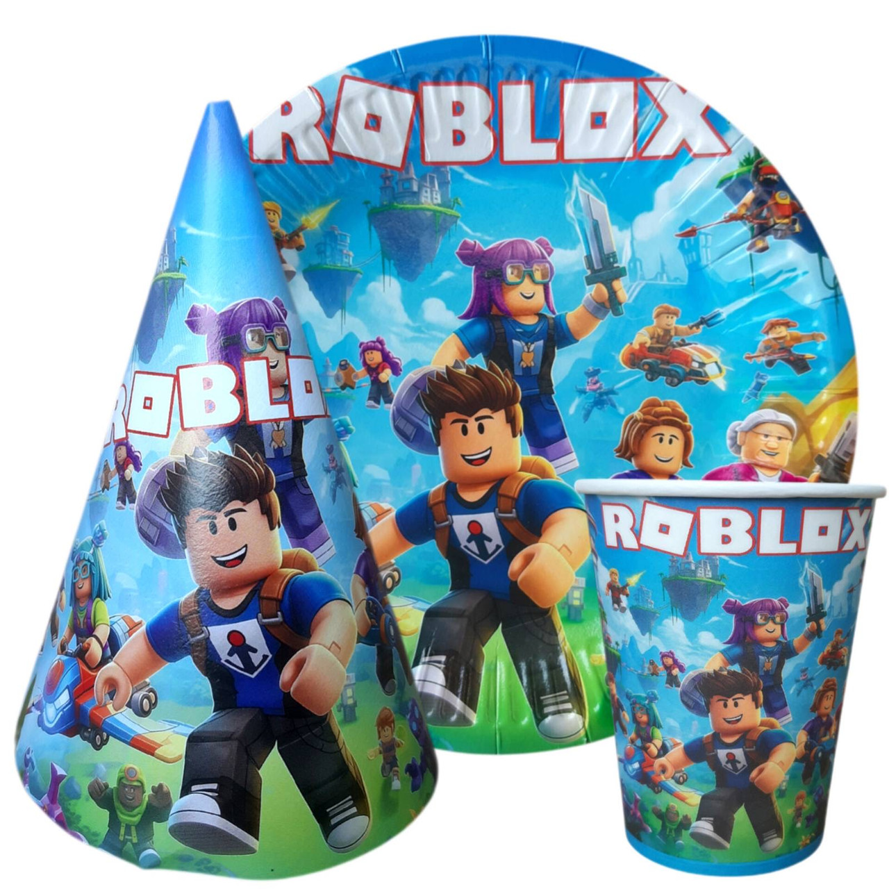 Набір тематичной посуди "Roblox". Тарілки: 10шт. Стаканов: 10шт. Ковпаків: 10шт.