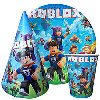 Набір тематичной посуди "Roblox". Тарілки: 10шт. Стаканов: 10шт. Ковпаків: 10шт.