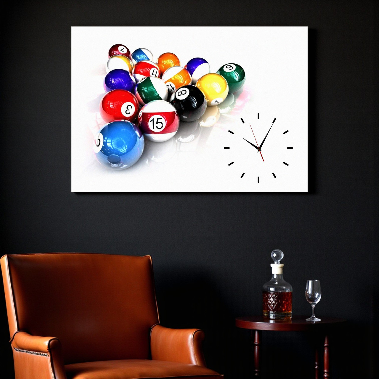 Картина-годинник «Більярдні шари» Стильний безшумний настінний годинником для чоловічого інтер’єру 60х40 см, фото 1