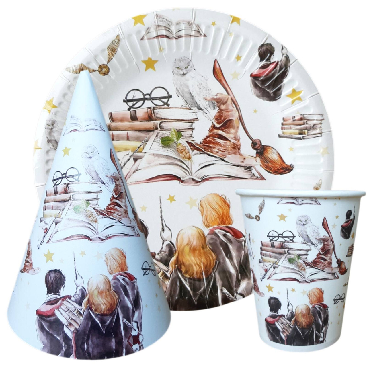 Набір тематичной посуди "Гаррi Поттер". Тарілки: 10шт. Стаканов: 10шт. Ковпаків: 10шт.