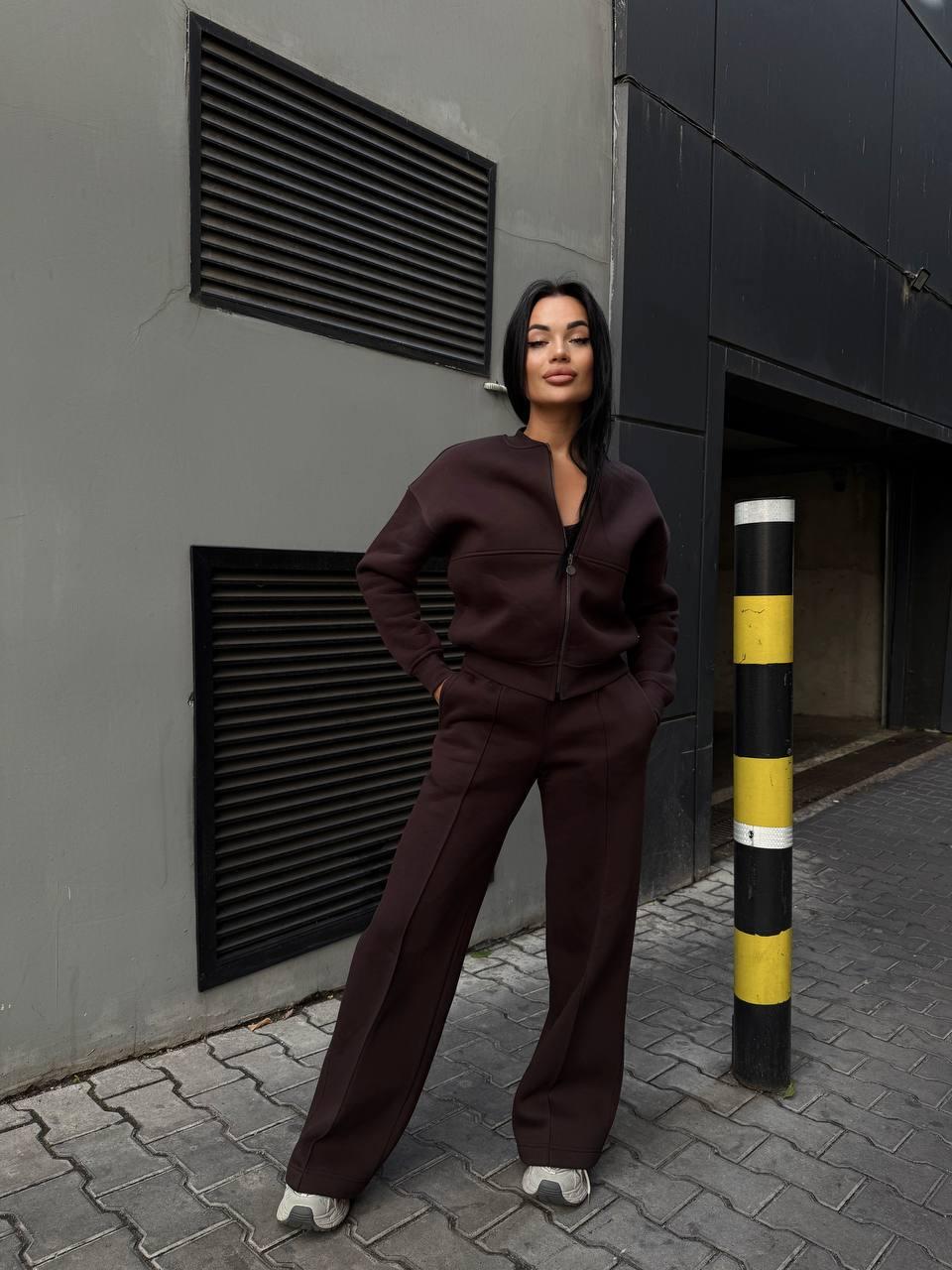 Жіночий костюм із широкими штанами утеплений бомбер кофта на блискавці на флісі, розміри S, M, L, XL, фото 1