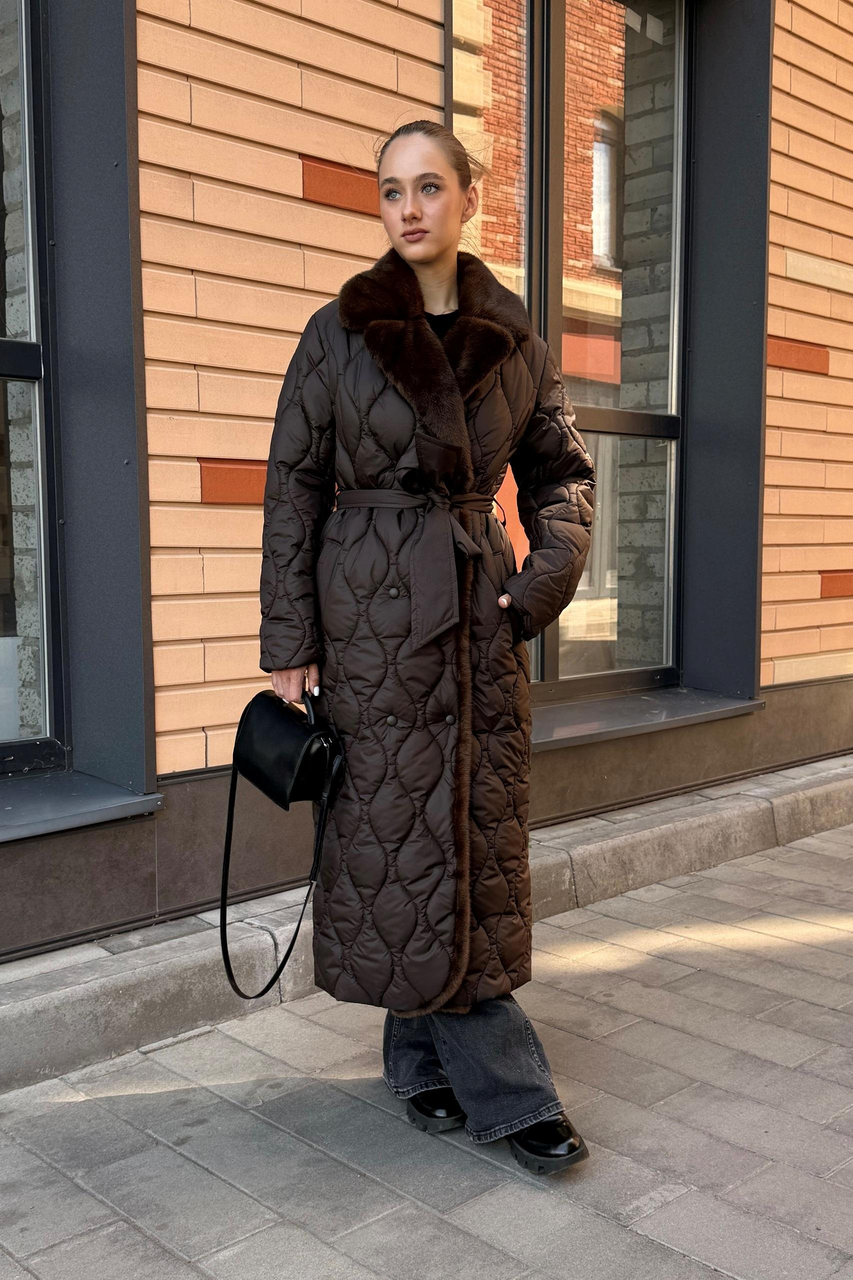 Зимове жіноче тепле довге пальто ПВ-385 шоколадний, фото 1